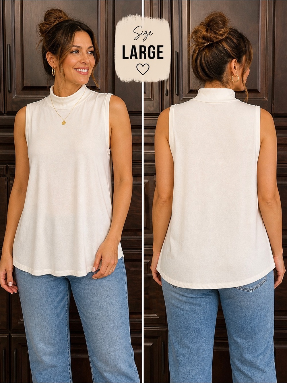 Sleeveless Mock Neck Top in Cream LARGE
